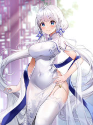 Rule 34 | 1girl, absurdres, ahoge, azur lane, bikini, blue eyes, blunt bangs, blurry, blurry background, blush, breasts, china dress, chinese clothes, closed mouth, covered navel, cowboy shot, day, depth of field, dress, foka (beginner), hand on own hip, highres, illustrious (azur lane), illustrious (maiden lily&#039;s radiance) (azur lane), large breasts, light rays, long hair, looking at viewer, low twintails, pelvic curtain, shawl, short sleeves, silver hair, skirt hold, smile, solo, sunbeam, sunlight, swimsuit, thighhighs, twintails, very long hair, white bikini, white thighhighs, wide hips