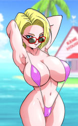 Rule 34 | 1girl, absurdres, android 18, armpits, arms behind head, beach, bikini, blonde hair, blue eyes, blue sky, breasts, cameltoe, cloud, cowboy shot, curvy, day, dragon ball, dragonball z, highres, house, island, kame house, large breasts, navel, ocean, outdoors, sky, solo, standing, sunglasses, swimsuit, third-party edit, weather vane, yamamoto doujin