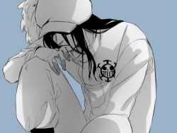 Rule 34 | 1boy, blue background, character request, color background, hat, hat over eyes, heart pirates, ibumomo823, jolly roger, jumpsuit, long hair, male focus, monochrome, one piece, pirate, pixiv sample, sitting, solo
