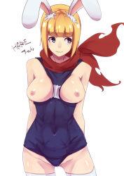 Rule 34 | 1girl, animal ears, bare shoulders, blonde hair, blue eyes, breasts, breasts out, rabbit ears, gluteal fold, groin, large breasts, looking to the side, navel, nipples, onaka itai, one-piece swimsuit, scarf, school swimsuit, short hair, skin tight, solo, swimsuit, wavy mouth
