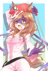 Rule 34 | alternate costume, animal ears, arm up, belt, breasts, cleavage, collarbone, commentary request, gloves, hair ornament, hairclip, highres, horse ears, horse tail, kaminari ai, looking at viewer, mask, matikane tannhauser (umamusume), medium breasts, medium hair, one eye closed, open mouth, peteron, simple background, tail, umamusume, whip, yatterman, yellow eyes