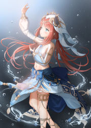 Rule 34 | 1girl, absurdres, aqua eyes, arms up, blush, brooch, clothing cutout, commentary, feet out of frame, floating hair, forehead jewel, genshin impact, gladiator sandals, gradient background, harem outfit, highres, horns, jewelry, long hair, long sleeves, looking away, low twintails, navel, nilou (genshin impact), parted lips, puffy long sleeves, puffy sleeves, raodu, red hair, sandals, sidelocks, skirt, solo, stomach, thighlet, thighs, twintails, veil, vision (genshin impact), water, water drop