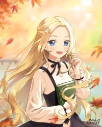 Rule 34 | 1girl, artist name, autumn, autumn leaves, black dress, blonde hair, blue eyes, blurry, blurry background, blush, book, commentary, dress, dress shirt, english commentary, evening, flower, forehead, hair flower, hair ornament, holding, leaf, lilia creative, long hair, long sleeves, looking at viewer, maple leaf, neck ribbon, open mouth, original, reading, revision, ribbon, shirt, smile, solo, sunset, upper body, water, wavy hair, wide sleeves