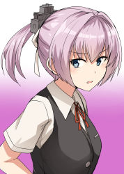 Rule 34 | 1girl, artist name, black vest, blue eyes, commentary, dated, dress shirt, gradient background, hair ribbon, highres, kamelie, kantai collection, looking at viewer, neck ribbon, open mouth, pink hair, ponytail, purple background, red ribbon, ribbon, school uniform, shiranui (kancolle), shiranui kai ni (kancolle), shirt, short hair, short ponytail, short sleeves, solo, tsurime, upper body, vest, white background, white ribbon, white shirt
