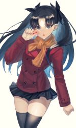 Rule 34 | 1girl, absurdres, black hair, black skirt, black thighhighs, blue eyes, breasts, buttons, fate/stay night, fate (series), gem, highres, jacket, long hair, long sleeves, looking at viewer, miniskirt, open mouth, orange scarf, parted bangs, pleated skirt, red jacket, scarf, skirt, small breasts, thighhighs, thighs, tohsaka rin, two side up, you-6-11, zettai ryouiki
