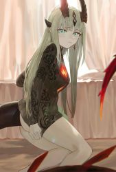 Rule 34 | 1girl, aqua eyes, arknights, ass, bare legs, blurry, blush, bottomless, breasts, brown sweater, closed mouth, clothes tug, curtains, day, depth of field, dragon horns, dragon tail, earrings, embarrassed, fire, floral print, green hair, highres, horns, indoors, jewelry, koio, long hair, medium breasts, reed (arknights), ribbed sweater, rose print, solo, straight hair, sunlight, sweater, sweater tug, tail, thighs, turtleneck, turtleneck sweater, wavy mouth