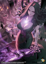 Rule 34 | 1girl, aura, bangle, black dress, black hair, bracelet, breasts, cleavage, dress, forehead, from above, glowing, jewelry, large breasts, lens flare, long dress, long hair, ningu, purple eyes, qurare magic library, solo, sword, weapon