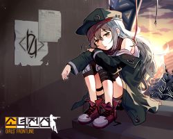 Rule 34 | 1girl, blush stickers, brown eyes, cheese (yongggam), copyright name, english text, g11 (girls&#039; frontline), girls&#039; frontline, green hat, grey hair, hair between eyes, hat, head tilt, knee pads, long hair, long sleeves, looking at viewer, off shoulder, parted lips, red footwear, shoes, sitting, solo, stairs, sun, untied footwear, very long hair