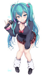 Rule 34 | 1girl, black choker, blue eyes, blue hair, blush, bow, bowtie, breasts, checkered clothes, checkered skirt, choker, cleavage, full body, grin, gyaru, hair tie, hatsune miku, highres, kasai shin, kogal, large breasts, long hair, looking at viewer, loose socks, microphone, miniskirt, red bow, red bowtie, school uniform, signature, skirt, smile, socks, solo, standing, sweater, twintails, vocaloid