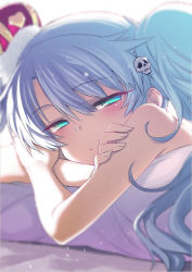 Rule 34 | 1girl, :t, aqua eyes, blue hair, blurry, blush, commentary request, crossed arms, crown, eyes visible through hair, face, hair between eyes, hair ornament, half-closed eyes, hitotose rin, light particles, long hair, looking at viewer, lying, mini crown, nude, on stomach, pout, sennen sensou aigis, skull hair ornament, solo, sybilla, tilted headwear, twintails