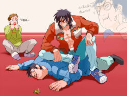 Rule 34 | 3boys, abs, andou mamoru, anger vein, angry, black eyes, black hair, blood, blood from mouth, blue footwear, blue jacket, blue pants, bomber jacket, broken eyewear, brown hair, brown jacket, clenched teeth, commentary request, fat, fat man, full body, furuhata takeshi, glasses, green shirt, grey pants, inudori, itou kaiji, jacket, kaiji, long sleeves, looking at another, male focus, medium bangs, multiple boys, open clothes, open jacket, open mouth, pants, projected inset, shirt, shoes, short bangs, short hair, sitting, sneakers, star (symbol), star pin, teeth, translation request