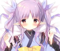 Rule 34 | 1girl, bed sheet, blue kimono, blue ribbon, blush, bow, brown eyes, closed mouth, hair ribbon, hands up, japanese clothes, kimono, kyouka (princess connect!), long hair, long sleeves, looking at viewer, parted bangs, pointy ears, princess connect!, purple hair, ribbon, ribbon trim, shiratama (shiratamaco), solo, twintails, upper body, wide sleeves, yellow bow