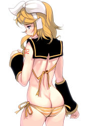 Rule 34 | 1girl, ass, back, blonde hair, blue eyes, blush, butt crack, cowboy shot, detached sleeves, from behind, hair ornament, headphones, kagamine rin, kouno (masao), lowleg, lowleg panties, mouth hold, panties, ribbon, short hair, side-tie panties, simple background, skindentation, solo, striped clothes, striped panties, underwear, vocaloid, white background
