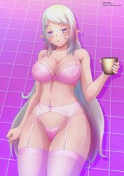 Rule 34 | 1girl, absurdres, blush, bow, bow bra, bow panties, bra, breasts, cleavage, collarbone, cup, elf, garter belt, garter straps, grid background, highres, holding, large breasts, long hair, looking at viewer, navel, open mouth, original, panties, pink bra, pink eyes, pink panties, pink thighhighs, pointy ears, purple background, silver hair, standing, symbol-shaped pupils, thighhighs, underwear, zel-sama