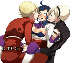 Rule 34 | 1girl, 2boys, ahoge, ascot, ash crimson, bad id, bad pixiv id, between legs, black nails, blonde hair, blue eyes, blue hair, blush, boy sandwich, grabbing another&#039;s breast, breast slip, breasts, clone, clothed sex, dark persona, dual persona, elisabeth blanctorche, eye contact, grabbing, group sex, hairband, hand between legs, hetero, holding hands, huge nipples, imminent kiss, large breasts, looking at another, mmf threesome, multiple boys, muse (rainforest), nail polish, nipples, pants, red pants, sandwiched, sex, short hair, sweatdrop, the king of fighters, threesome