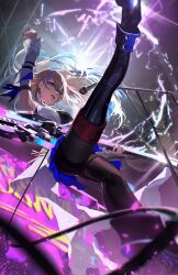 Rule 34 | 1girl, absurdres, armpits, asymmetrical clothes, black choker, blonde hair, blue eyes, blue skirt, boots, choker, concert, detached sleeves, earrings, guitar, hand up, highres, holding, holding guitar, holding instrument, honkai: star rail, honkai (series), instrument, jewelry, leg up, long hair, meltyrice, microphone, mismatched earrings, multicolored hair, music, serval landau, signature, singing, skirt, streaked hair, thighhighs, white sleeves