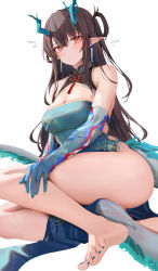 Rule 34 | 1girl, aqua nails, aqua skin, arknights, bare shoulders, barefoot, black hair, blush, breasts, china dress, chinese clothes, cleavage, closed mouth, dragon girl, dragon horns, dragon tail, dress, dusk (arknights), dusk (everything is a miracle) (arknights), grey hair, highres, horns, large breasts, long hair, looking at viewer, multicolored hair, nail polish, official alternate costume, pointy ears, red eyes, ru zhai, simple background, solo, streaked hair, tail, thighs, toenail polish, toenails, white background