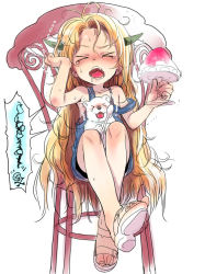Rule 34 | &gt; &lt;, bare arms, bare shoulders, bear, blonde hair, blue overalls, blush, bosako (haguhagu), brain freeze, chair, drooling, facing viewer, food, haguhagu (rinjuu circus), holding, holding spoon, horns, ice cream, crossed legs, long hair, mouth drool, open mouth, original, overalls, polar bear, saliva, saliva trail, sandals, simple background, sitting, spoken skull, spoken squiggle, spoon, squiggle, strap slip, tears, trembling, very long hair, white background