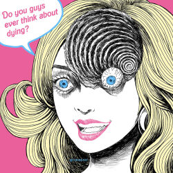 Rule 34 | 1girl, barbie (character), barbie (franchise), barbie (live action), blank stare, blonde hair, blue eyes, colored skin, commentary, english commentary, english text, eyelashes, itou junji (style), jung-ha kim, lipstick, makeup, open mouth, pale skin, parody, pink background, pink lips, simple background, solo, speech bubble, uzumaki, watermark, white skin