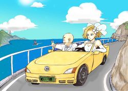 Rule 34 | 1girl, 2boys, alice kei (lemon-jiru), android 18, bad id, bad pixiv id, bald, bare shoulders, blonde hair, bow, bowtie, breasts, bride, capsule corp, car, cloud, commentary request, convertible, day, dragon ball, dragonball z, dress, driving, earrings, elbow gloves, eye contact, flower, full body, gloves, groom, hair flower, hair ornament, husband and wife, jewelry, kuririn, license plate, looking at another, marker (medium), motor vehicle, multiple boys, muten roushi, necklace, nib pen (medium), ocean, outdoors, pearl necklace, road, short hair, sky, smile, staff, traditional media, turtle, umigame (dragon ball), v, wedding dress