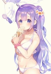 Rule 34 | 1girl, azur lane, bare arms, bare shoulders, beige background, bikini, blush, breasts, brown flower, cleavage, collarbone, commentary, cowboy shot, eating, electric fan, fingernails, flower, food, groin, hair bun, hair flower, hair ornament, holding, holding food, ice cream, ice cream cone, long hair, looking at viewer, medium breasts, nail polish, navel, one side up, pico (p i c o), pink nails, pink scrunchie, purple eyes, purple hair, scrunchie, simple background, single hair bun, soft serve, solo, stuffed animal, stuffed toy, stuffed winged unicorn, swimsuit, unicorn (azur lane), very long hair, white bikini, wrist scrunchie