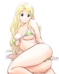 Rule 34 | 10s, 1girl, arm support, ass, bikini, blonde hair, breasts, brown eyes, front-tie top, green bikini, large breasts, log horizon, long hair, looking at viewer, lying, marielle (log horizon), on side, simple background, smile, solo, swimsuit, ueyama michirou, white background