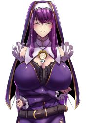 Rule 34 | 1girl, belt, breast hold, breasts, center frills, cleavage, closed eyes, commission, crossed arms, dress, facing viewer, frills, gold trim, habit, headband, highres, huge breasts, jewelry, kayamayukihiro, long hair, necklace, original, purple dress, purple hair, solo, standing, transparent background, upper body, white background, white headband