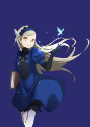 Rule 34 | 1girl, absurdres, black gloves, black ribbon, black shorts, blue background, blue dress, blue hairband, bug, butterfly, butterfly hair ornament, dress, elbow gloves, floating hair, gloves, hair ornament, hairband, highres, holding, insect, lavenza (persona 5), long hair, looking at viewer, persona, persona 5, ribbon, s-m-53413, short dress, shorts, shorts under dress, silver hair, simple background, solo, standing, swept bangs, very long hair, yellow eyes