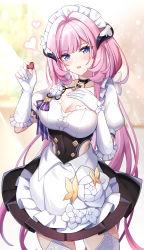 Rule 34 | 1girl, alternate costume, apron, blue eyes, blush, breasts, cleavage, commentary request, elbow gloves, elysia (honkai impact), elysia (miss pink elf) (honkai impact), enmaided, frills, gloves, gou lianlian dogface, hand on own chest, highres, honkai (series), honkai impact 3rd, large breasts, long hair, maid, maid apron, maid headdress, parted lips, pink hair, smile, solo, white gloves