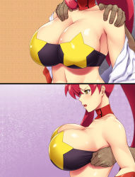 Rule 34 | 1girl, ameoto, arms at sides, bare shoulders, blush, breasts, cleavage, detached collar, from side, hair ornament, hair stick, hands on another&#039;s shoulders, high ponytail, highres, huge breasts, long hair, multiple views, off shoulder, one side up, open mouth, out of frame, red hair, sequential, simple background, strapless, tengen toppa gurren lagann, tube top, undressing, upper body, yellow eyes, yoko littner