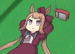 Rule 34 | 1girl, 1koma, animal ears, arms behind head, bow, braid, brown hair, casual, comic, dress, ear bow, hamu koutarou, horse ears, horse girl, long hair, lying, necktie, official alternate costume, on back, on grass, outdoors, purple eyes, radio, red bow, red dress, sidelocks, silent comic, solo, sweep tosho (umamusume), twintails, umamusume, very long hair, wing collar