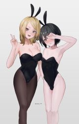 Rule 34 | 1boy, 1girl, absurdres, animal ears, black hair, black leotard, blonde hair, blush, breasts, cleavage, closed mouth, commentary, embarrassed, fake animal ears, feet out of frame, grey eyes, hand up, highres, large breasts, leotard, looking at viewer, medium hair, open mouth, paid reward available, pantyhose, parted bangs, playboy bunny, rabbit ears, simple background, smile, sooon, strapless, strapless leotard, trap, twitter username, v, white background