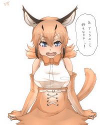 Rule 34 | 1girl, animal ears, bare shoulders, belt, blouse, blue eyes, bow, bowtie, caracal (kemono friends), commentary, confession, elbow gloves, extra ears, fangs, gloves, hair between eyes, highres, kemono friends, looking at viewer, medium hair, necktie, open mouth, orange gloves, orange hair, orange necktie, orange skirt, shirt, simple background, skirt, sleeveless, sleeveless shirt, solo, tail, tears, thin (suzuneya), traditional bowtie, translated, v-shaped eyebrows, white background, white belt, white shirt