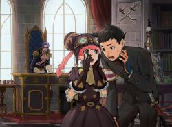 Rule 34 | 0shlkatsu, 1girl, 2boys, ace attorney, aqua eyes, armband, barok van zieks, black eyes, black hair, black jacket, black pants, book, bookshelf, bow, brown gloves, buttons, chair, checkered floor, commentary, curtains, epaulettes, frilled gloves, frills, gloves, goggles, goggles on head, highres, indoors, iris wilson, jacket, katana, long hair, long sleeves, looking at another, multiple boys, open mouth, pants, pink hair, purple hair, ryunosuke naruhodo, sash, short hair, sweatdrop, sword, symbol-only commentary, table, the great ace attorney, weapon, white gloves, white ascot, white sash, window, yellow bow