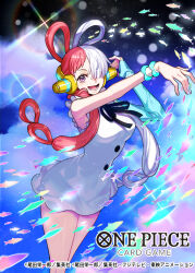 Rule 34 | 1girl, black ribbon, blue gloves, copyright name, cowboy shot, dress, elbow gloves, fish, frilled dress, frills, gloves, hair over one eye, headphones, highres, lower teeth only, multicolored hair, neck ribbon, official art, one piece, one piece card game, one piece film: red, outstretched arm, purple eyes, red hair, ribbon, smile, solo, sunohara (encount), teeth, twintails, two-tone hair, uta (one piece), white dress, white hair