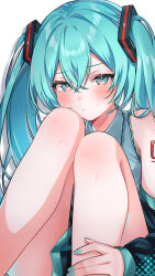 1girl :t absurdres aqua_eyes aqua_hair aqua_nails arm_tattoo blush check_commentary commentary commentary_request detached_sleeves ghostnukko hair_between_eyes hatsune_miku head_on_knee head_rest highres legs long_hair looking_at_viewer pout sitting solo tattoo twintails vocaloid white_background