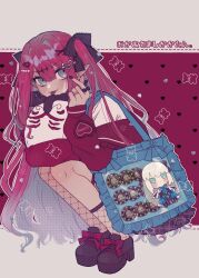 1girl absurdres alternate_costume arrow_through_heart asymmetrical_legwear bag baobhan_sith_(fate) black_bow black_footwear blue_bag bow cernunnos_(fate) character_doll colored_inner_hair commentary_request fate/grand_order fate_(series) finger_heart fishnet_socks fishnet_thighhighs fishnets footwear_bow full_body grey_eyes grey_hair hair_bow hair_intakes hair_ornament hairclip hand_up heart heart_background heart_hair_ornament highres hugging_doll hugging_object long_sleeves looking_at_viewer morgan_le_fay_(fate) multicolored_hair noa_pisces pink_hair platform_footwear red_bow red_nails single_thighhigh smile socks solo squatting thighhighs tongue tongue_out tote_bag translation_request uneven_legwear