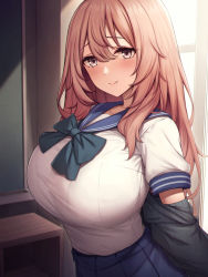 Rule 34 | 1girl, absurdres, blue sailor collar, blue skirt, blush, bow, bowtie, bralines, breasts, brown hair, chalkboard, classroom, closed mouth, commentary request, curvy, hair between eyes, highres, huge breasts, indoors, inui shinju, kannko bokujou, large breasts, long hair, looking at viewer, sailor collar, school uniform, serafuku, shirt, shirt tucked in, short sleeves, skirt, solo, sono bisque doll wa koi wo suru, upper body, white shirt, window