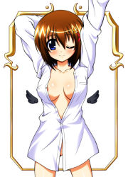 Rule 34 | 1girl, areola slip, arm behind back, arm up, bad id, bad pixiv id, blue eyes, blush, breasts, brown hair, cleavage, collarbone, hair ornament, large breasts, looking at viewer, lyrical nanoha, mahou shoujo lyrical nanoha strikers, nipple slip, nipples, no bra, no panties, one eye closed, shirt, simple background, smile, solo, utanone shion, white background, yagami hayate