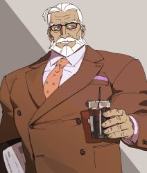 Rule 34 | 1boy, bara, beard, blue eyes, business suit, drinking straw, facial hair, folder, formal, glasses, grey background, handkerchief, highres, holding, iced coffee, jp (street fighter), large pectorals, long hair, male focus, mature male, muscular, muscular male, mustache, necktie, pectorals, ponytail, rectangular eyewear, sa1k0p, shirt, smile, solo, street fighter, street fighter 6, suit, thick eyebrows, thick mustache, white hair, white shirt
