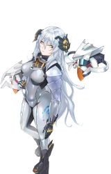 Rule 34 | 1girl, absurdres, black footwear, black gloves, bodysuit, boots, breasts, closed mouth, covered navel, droid, full body, girls&#039; frontline, gloves, grey bodysuit, grey hair, highres, kepra iii, large breasts, lips, long hair, long sleeves, looking at viewer, nyto (girls&#039; frontline), paradeus, solo, standing, tareus (girls&#039; frontline), thighs, white background, yellow eyes
