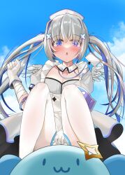 Rule 34 | 1girl, absurdres, amane kanata, amane kanata (nurse), angel, angel wings, blue hair, blue sky, blush, breasts, cloud, collar, detached collar, dress, gloves, grey hair, hair intakes, hat, highres, hololive, id card, looking at viewer, nurse, nurse cap, official alternate costume, open mouth, pantyhose, rate mogyu, sky, small breasts, twintails, upao (amane kanata), virtual youtuber, white collar, white dress, white gloves, white headwear, white pantyhose, wings