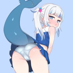 Rule 34 | 1girl, ass, blue eyes, blue hair, blush, breasts, cameltoe, cheerleader, cube hair ornament, fins, fish tail, gawr gura, hair ornament, highres, hololive, hololive english, looking at viewer, mingkozus, multicolored hair, open mouth, shark girl, shark tail, side ponytail, small breasts, solo, streaked hair, tail, virtual youtuber, white hair