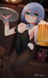 Rule 34 | 1girl, alcohol, animal ears, aqua eyes, bar (place), beer, beer mug, black leotard, black pantyhose, blue bow, blue bowtie, blue hair, bow, bowtie, breasts, cup, detached collar, feet out of frame, highres, holding, indoors, jamongssui, leotard, looking at viewer, medium breasts, mug, original, pantyhose, playboy bunny, rabbit ears, rabbit tail, short hair, simple background, solo, strapless, strapless leotard, tail, tray, white background, wrist cuffs