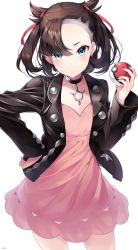 Rule 34 | 1girl, aqua eyes, asymmetrical bangs, black choker, black jacket, black nails, blush, choker, contrapposto, cowboy shot, creatures (company), dress, earrings, game freak, hand on own hip, highres, holding, holding poke ball, jacket, jewelry, long sleeves, looking at viewer, marnie (pokemon), nail polish, nintendo, open clothes, open jacket, parted lips, pink dress, poke ball, poke ball (basic), pokemon, pokemon swsh, ringozaka mariko, short hair, short twintails, simple background, solo, twintails, white background