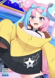 Rule 34 | 1girl, asymmetrical legwear, bare shoulders, black jacket, black thighhighs, blue hair, blush, bow-shaped hair, breasts, character hair ornament, chrisandita, collarbone, creatures (company), game freak, gen 1 pokemon, gluteal fold, grey shirt, hair ornament, hexagon print, highres, iono (pokemon), jacket, light blue hair, long sleeves, looking at viewer, magnemite, md5 mismatch, medium breasts, mismatched legwear, multicolored clothes, multicolored hair, multicolored jacket, nintendo, open mouth, oversized clothes, pink hair, pokemon, pokemon (creature), pokemon sv, purple eyes, raised eyebrows, resolution mismatch, sharp teeth, shirt, sitting, sleeveless, sleeveless shirt, sleeves past fingers, sleeves past wrists, small breasts, solo, source larger, split-color hair, teeth, thigh strap, thighhighs, thighs, two-tone hair, two-tone jacket, very long sleeves, wide sleeves, x, yellow jacket