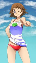 Rule 34 | 1girl, apron, awa, blue eyes, bra, breasts, brown hair, clenched hand, closed mouth, cloud, earrings, gundam, gundam build divers, haro, highres, jewelry, looking at viewer, nanase nanami (gundam build divers), one eye closed, panties, short hair, smile, solo, underwear