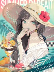 Rule 34 | 1girl, akakura, bare shoulders, bird, blush, brown hair, chocolate, commentary request, cream, dress, earrings, elbows on table, fingernails, flamingo, flower, food, fruit, glass, green eyes, green nails, hand on own chin, hat, highres, ice cream, jewelry, leaf, light blush, light smile, long hair, looking at viewer, nail polish, orange (fruit), original, red flower, ring, shirt, sitting, smile, solo, spoon, sundress, table, upper body, white shirt