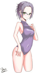 Rule 34 | 1girl, absurdres, bare shoulders, blush, breasts, character request, collarbone, covered collarbone, covered navel, cropped legs, darling in the franxx, from side, frown, green eyes, halterneck, hand on own thigh, highres, ikuno (darling in the franxx), medium breasts, one-piece swimsuit, over-rim eyewear, purple hair, purple one-piece swimsuit, sato art, semi-rimless eyewear, sideboob, simple background, solo, standing, swimsuit, thighs, white background