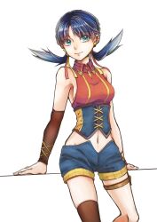Rule 34 | 1girl, aqua eyes, arm support, ayan ip, bare shoulders, belt, breasts, brown thighhighs, closed mouth, collared shirt, commentary request, corset, creatures (company), earrings, eyelashes, flipped hair, game freak, hair ribbon, highres, jewelry, knees, kris (pokemon), long hair, medium breasts, navel, nintendo, pokemon, pokemon adventures, red ribbon, ribbon, shirt, short shorts, shorts, sideboob, single thighhigh, sleeveless, sleeveless shirt, smile, solo, thigh belt, thigh strap, thighhighs, twintails, white background, yellow ribbon